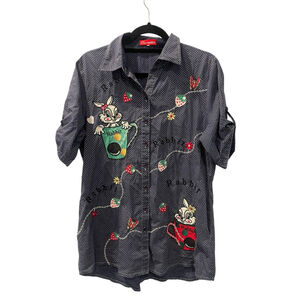 Orn-Sarra Embroidered Rabbit Polka Dot Button Down Short Sleeve Top Size Medium